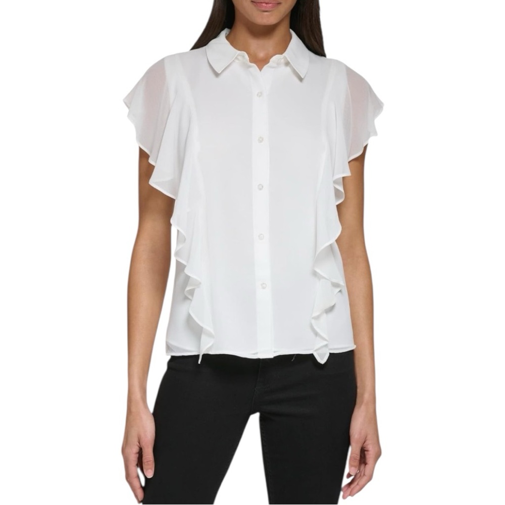 Calvin Klein Women's White Ruffle Flutter Sleeve Button Up Shirt Top Size 0X NWT
